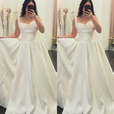 Sleeveless Wedding Dresses Pearl Beading A Line Satin White Ivory Bridal Gowns