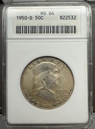1950-D MS-64 Franklin Half Dollar - Mint State - ANACS Certified.