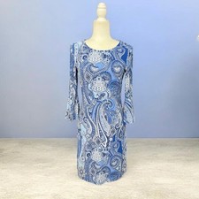 Tommy Hilfiger Paisley Sheath Dress Womens Size 2 Blue Bell Sleeve Country Boho