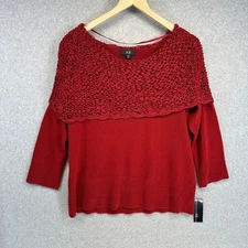 AGB Blouse Top Womens Size XL Red Scoop Neck 3/4 Sleeve Pullover Overlay Knit 