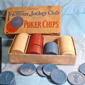 Famous Jockey Club Embossed Poker Chips Set Red Blue White with Original Box
