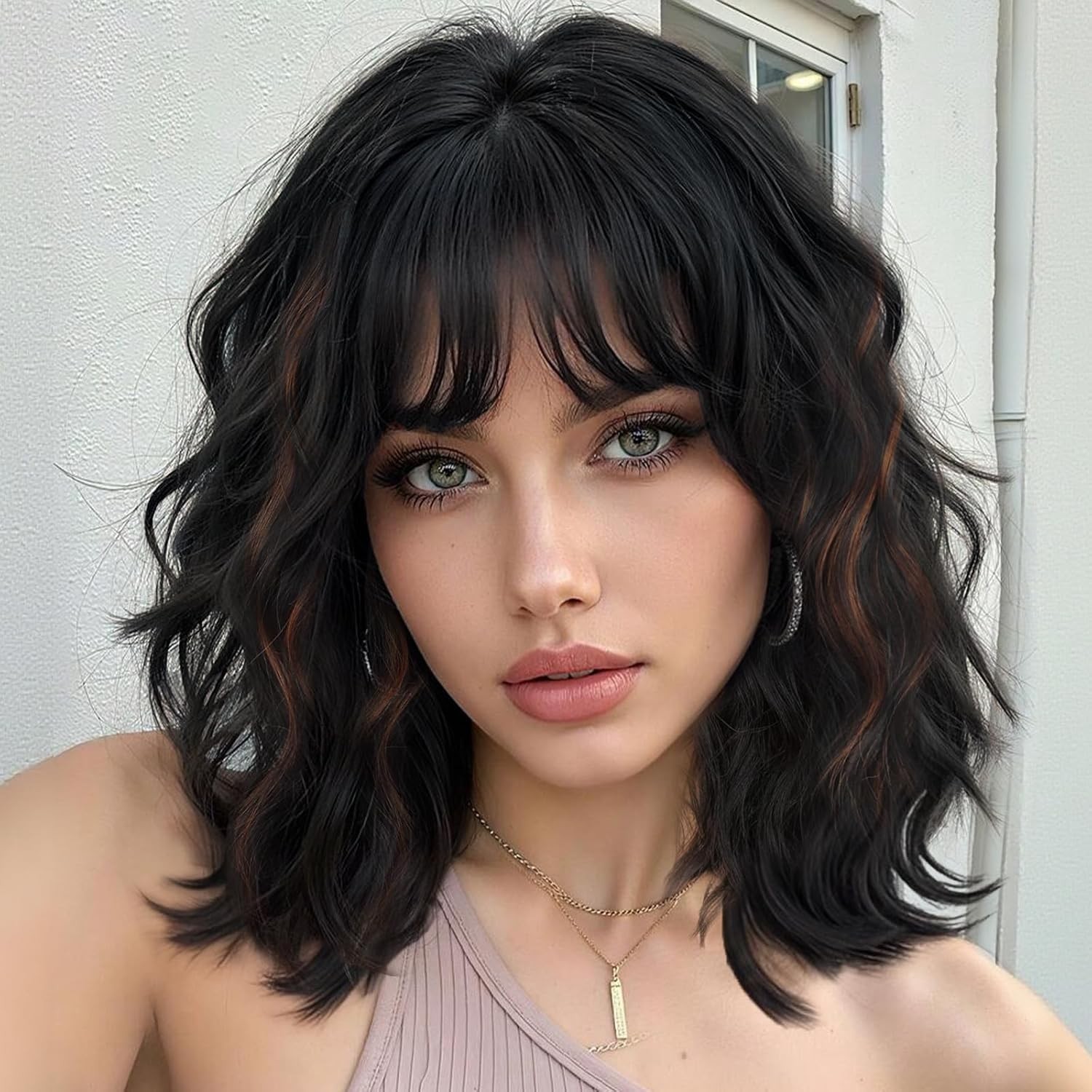Short Wavy Curly Bob Wigs with Fringe for Women Natural Hair Wig Heat Resistant