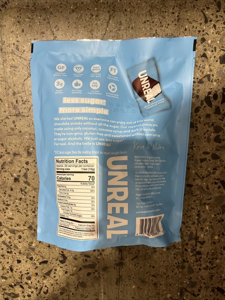 Nuevas minibarras de coco de chocolate negro orgánicas Unreal - 15,3 oz/bolsa bocadillos Foto 3 de 4