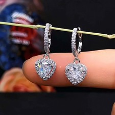 925 Sterling Silver Heart Stone Hoop Drop Dangle Earrings Women  Jewellery Gift