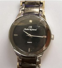 Charles Raymond Men's Silver Quartz Analog Wristwatch, Black Dial, Seconds Hand