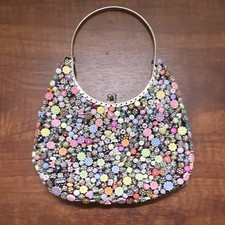 Vintage Multicolor Beaded Crescent Top Handle Bag Floral Accents Metallic
