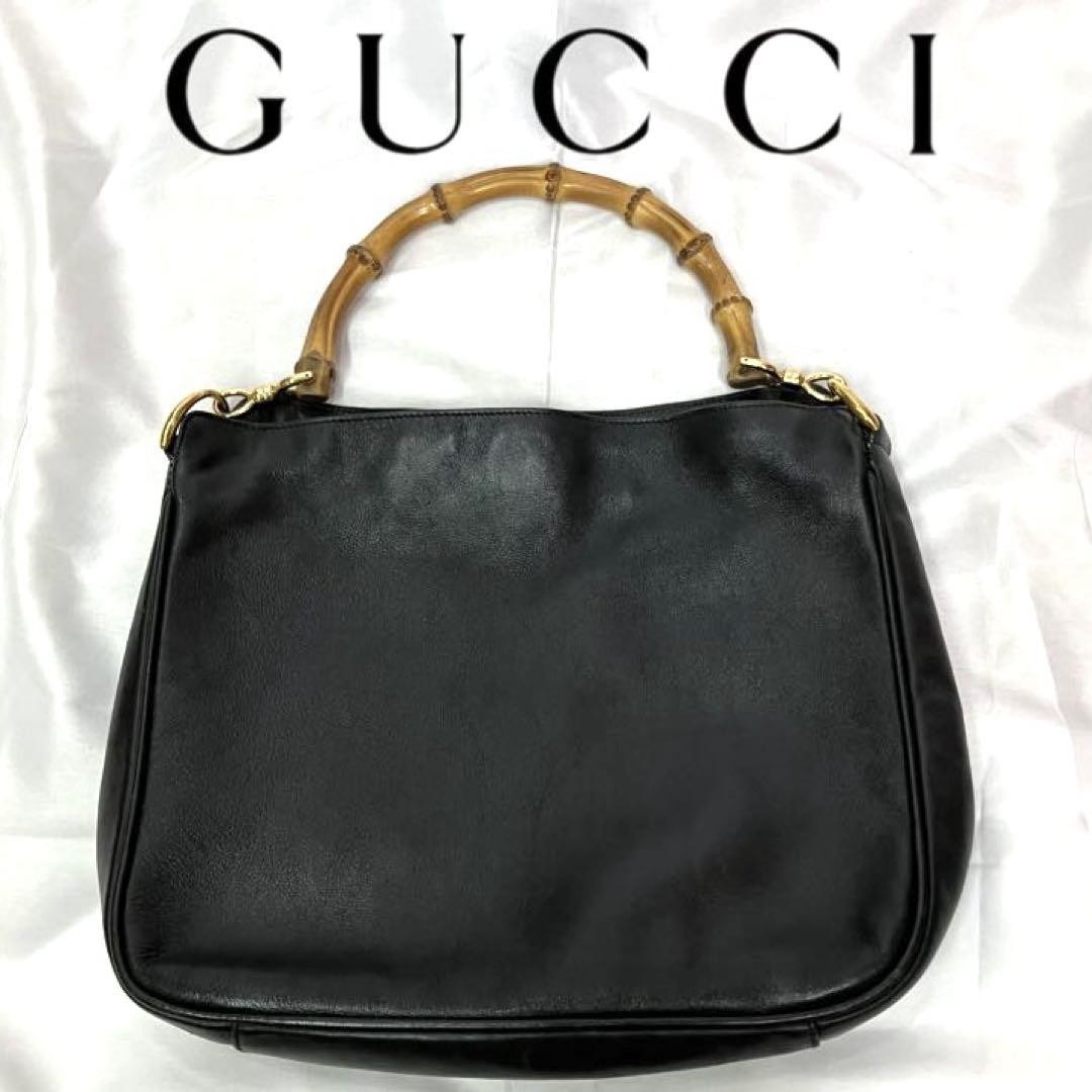 GUCCI Bamboo Handle 2WAY Black Leather Bag Handbag Shoulder Bag Japan Import  