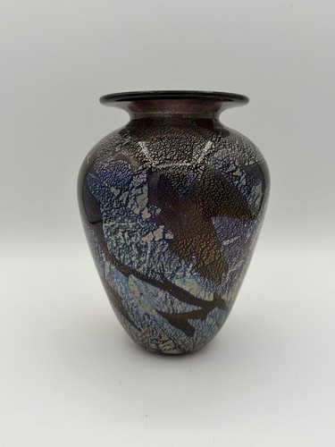 Gold Blue Speckled Swirl Purple Hand Blown Art Glass Vase 6.5" Pontil Scar