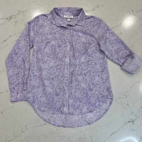 Coolibar Damen Medium lila Langarm geknöpftes Hemd UPF 50+ Blumenmuster Rollriegel