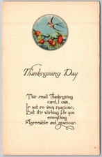 Antique Thanksgiving Day Postcard Bird Berries Poem Made in USA Divided Back
