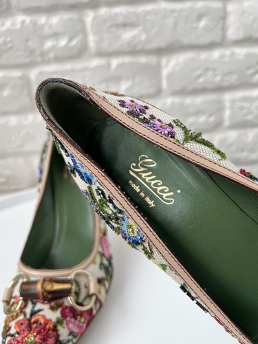 Gucci Multicolor Floral Printed Canvas Bamboo Horsebit Pupms Heels Size 37 - Picture 7 of 10