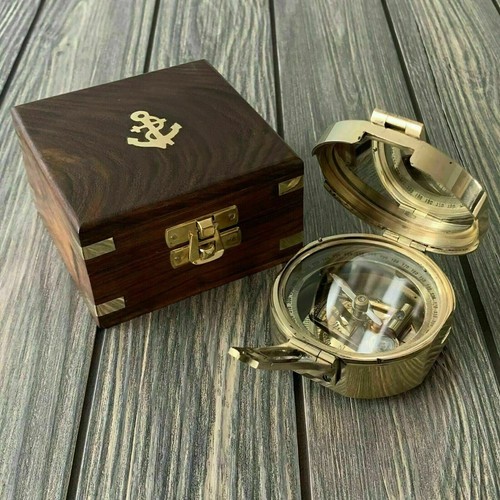 Brass Nautical Collectibles Vintage Maritime Brunton Compass W/ Wooden Box Gift - Picture 1 of 8