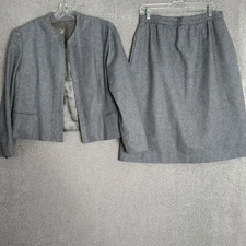 Vintage Glen Aire Gray Wool Skirt Suit Set Gray Womens Size Medium Career Y2K