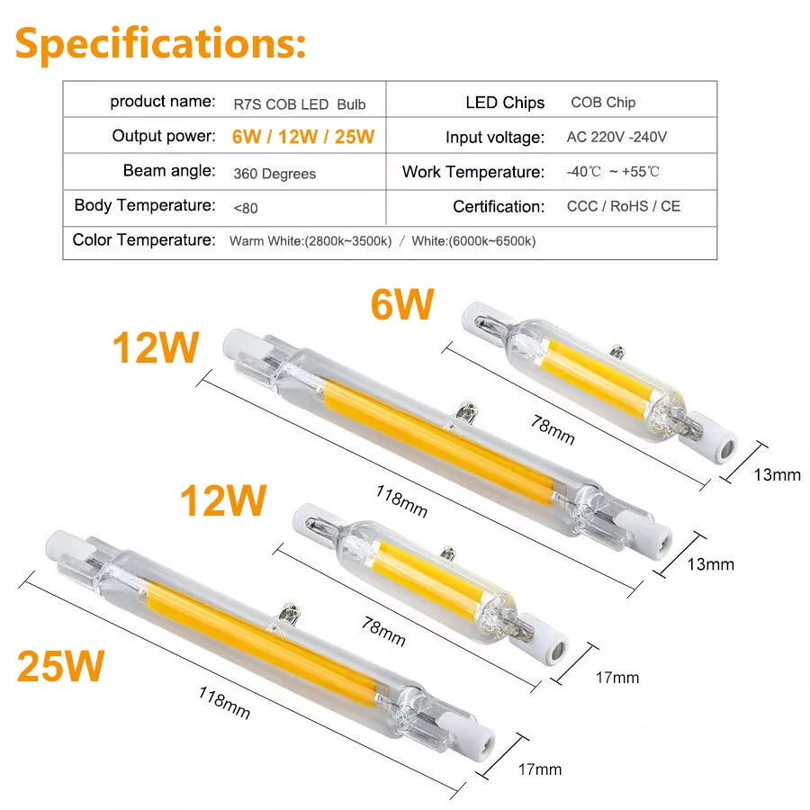 R7s LED COB Light Bulb Dimmable 78mm 118mm 6W 12W T3 J Type Glass Tube Lamp 230V