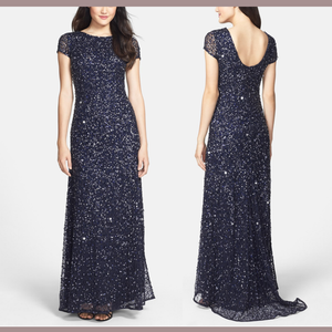 adrianna papell short sleeve sequin mesh gown