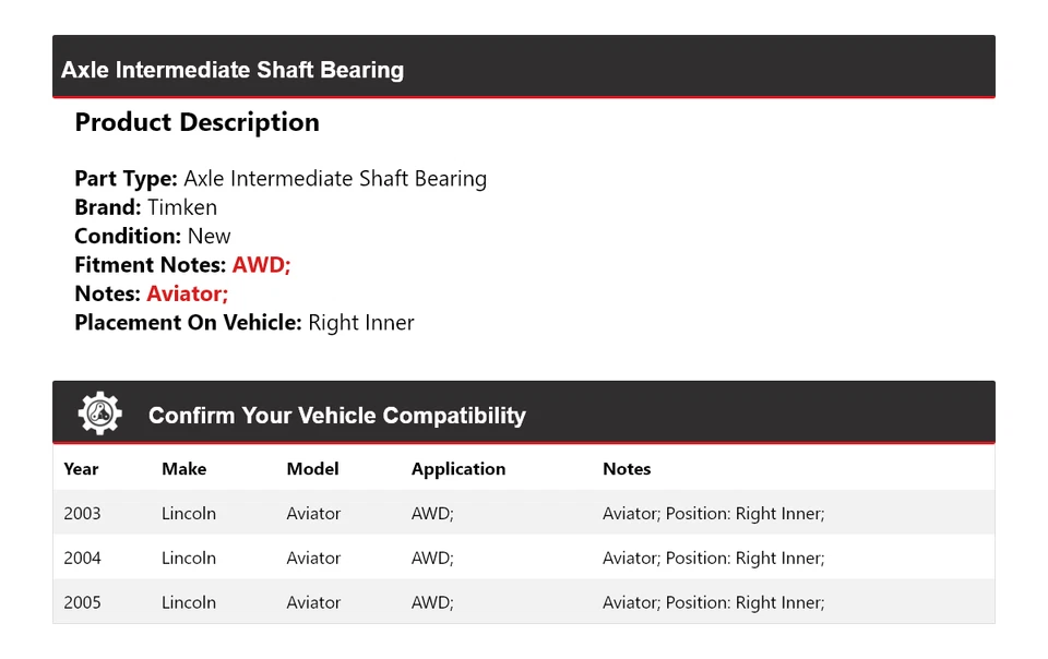 Eje de aviador Lincoln 2003-2005 eje intermedio cojinete interior derecho Timken Foto 2 de 4