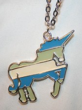 FUN Blue, Green  Cream Striped Enamel Unicorn Silvertone Necklace   