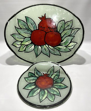 Andreas Meyer Fused Art Glass Pomegranate Molded Handle Serving Plates Rare