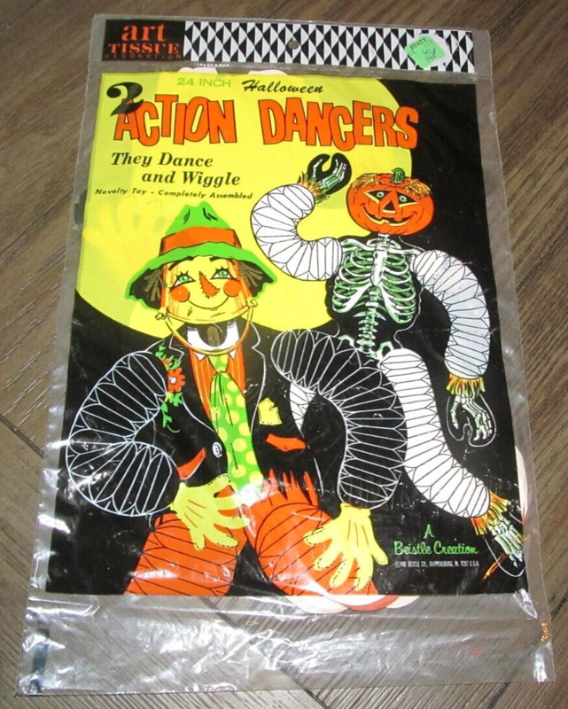 VTG Beistle Skeleton & Scarecrow Halloween Tissue Action 24” Dancers NOS Sealed