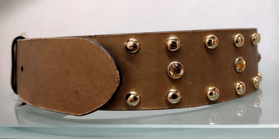 Leatherock Belt Studded Rhinestone Deadstock 1990s Rocker 32 M Bronze Gold - Image 3 of 4