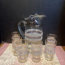 Vintage Red Whit Blue And Gold Striped Pitcher And 6 Glasses Set