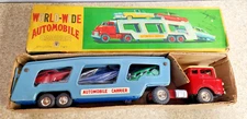 Super Rare SSS Japan Large 18" Tin Friction Auto Carrier with 3   5" Cars & Box