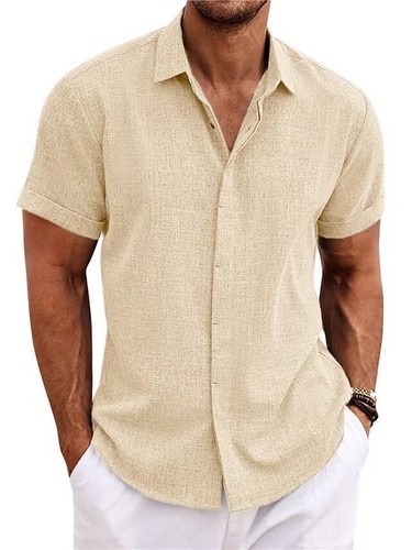 Camiseta Hombre Manga Corta, Color Sólido Manga Corta Algodón y Lino Camisa - Imagen 6 de 12