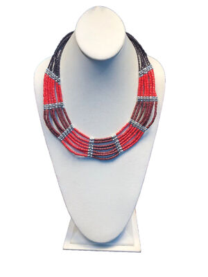 Vintage Bohemian 14 bright orange Brick Brown Beaded  Bib  Statement Necklace