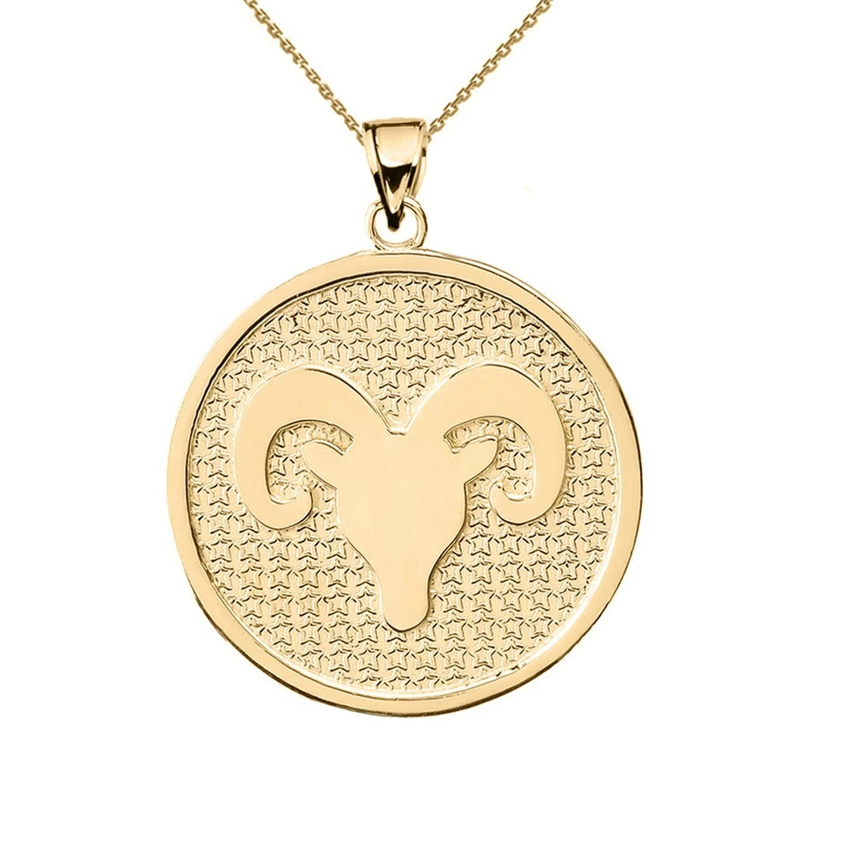 10K Solid Gold Aries Zodiac Sign Disc Round Pendant Necklace 16