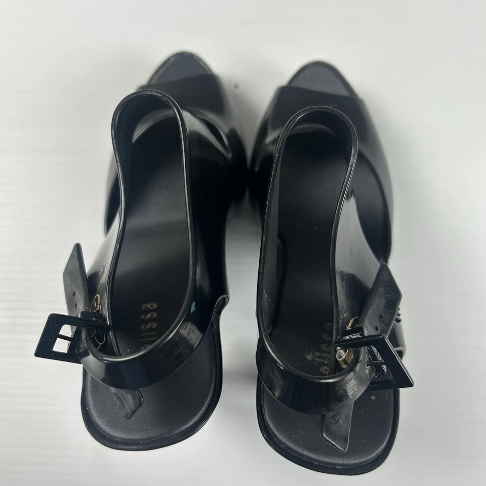 Melissa Negro Jalea Tacones Peep Toe Bloque Tobillo Correa EE. UU. 8 Y2K Brasil Vegano AU Foto 2 de 4