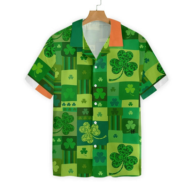 St Patricks Day Lucky Four Leaf Clover Pattern Hawaiian Aloha Shirt Green