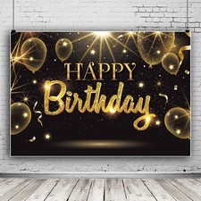 IIILUYOT Black Gold Happy Birthday Party Decorations Backdrop, Golden Balloon...