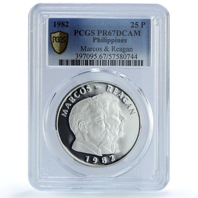 Philippines 25 piso Marcos Reagan KM-235 Politics PR 67 PCGS