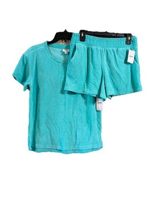 Jenni Women s Medium Turquoise Terrycloth 2-Piece Sleep Set Short Sleeve Pajamas