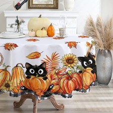 Black Cat Fall Round Tablecloth 60 Inch Halloween Autumn Decor