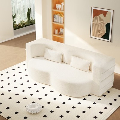 Beige White Teddy Fabric Folding Sofa Bed Twin Floor Couch with 2 Pillows