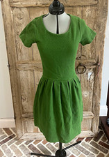 Ganni Green Solid Scoop Neck Short Sleeve Knit Pleated Fit & Flare Short S