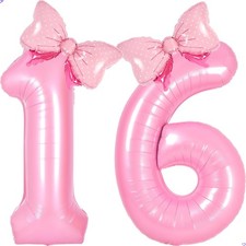 Pink Sweet 16 Balloon Numbers Pink Birthday Decorations for Girls, Bow Balloo...