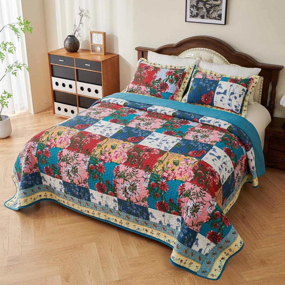 Juego de edredones 100 % algodón retazos tamaño king livianos florales edredones ropa de cama Foto 4 de 4