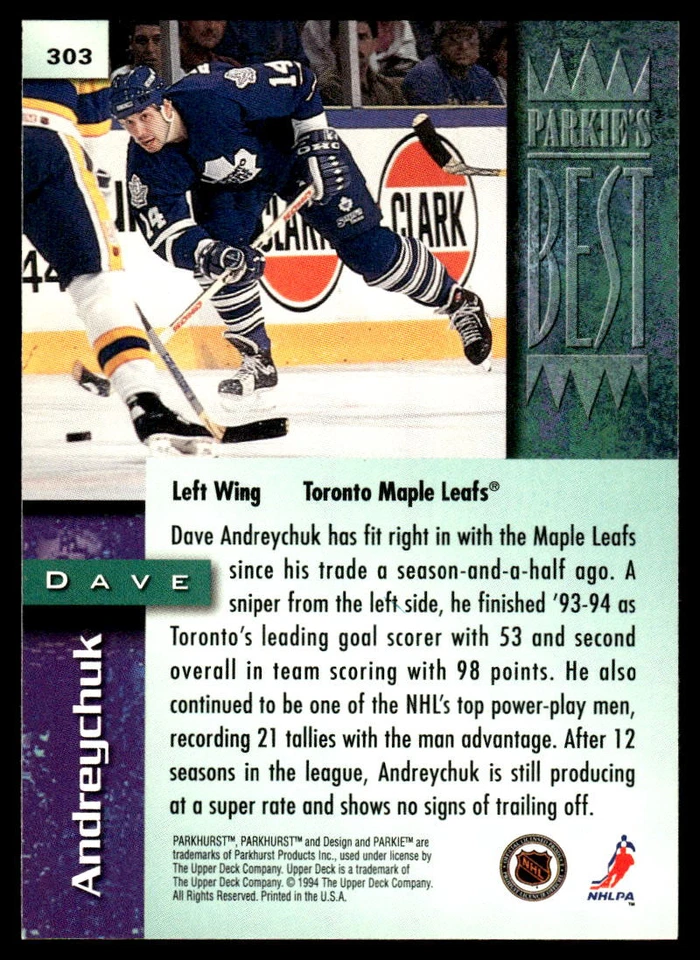 1994-95 Parkhurst #303 Dave Andreychuk Toronto Maple Leafs HOF - Image 2 of 2