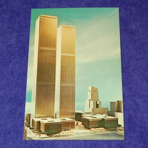 Modelo/dibujo postal vintage cromada de las Torres Gemelas antes de que fueran construidas