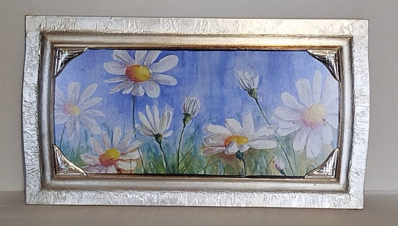 Quadro soggiorno Pannello Legno 55x31 cm Campo di Margherite Angoli Bilaminato