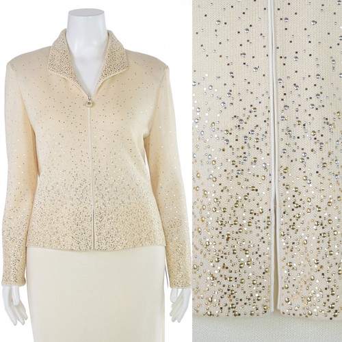 St. John Evening Jacke Kristall Nieten Reißverschluss Gr. 12 Creme/Gold/Silber