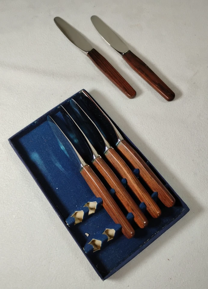 Juego de cuchillos vintage DKF Lundtofte Dinamarca acero inoxidable y madera 6,25" juego de caja Foto 2 de 4