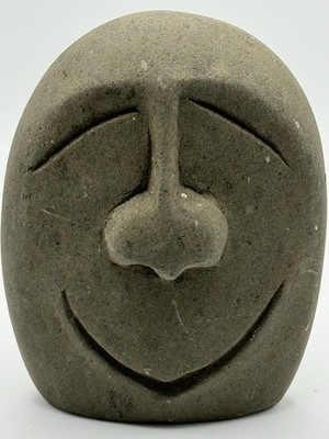 Hand Carved Stone Face Sculpture Double-Sided Abstract Modern Folk Art Signed