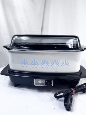 Vtg West Bend Slo Slow Cooker Griddle 4 QT Glass Lid Cord Blue Floral EUC FreShp