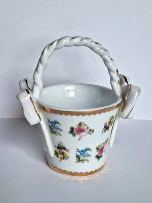 Nantucket Vintage Mini Porcelain Basket With Ribbons White Floral Knick Knack