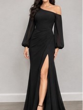 NWT JJ  s House Black Chiffon Maxi Dress US 6 Square Neck Bishop Sleeve Formal