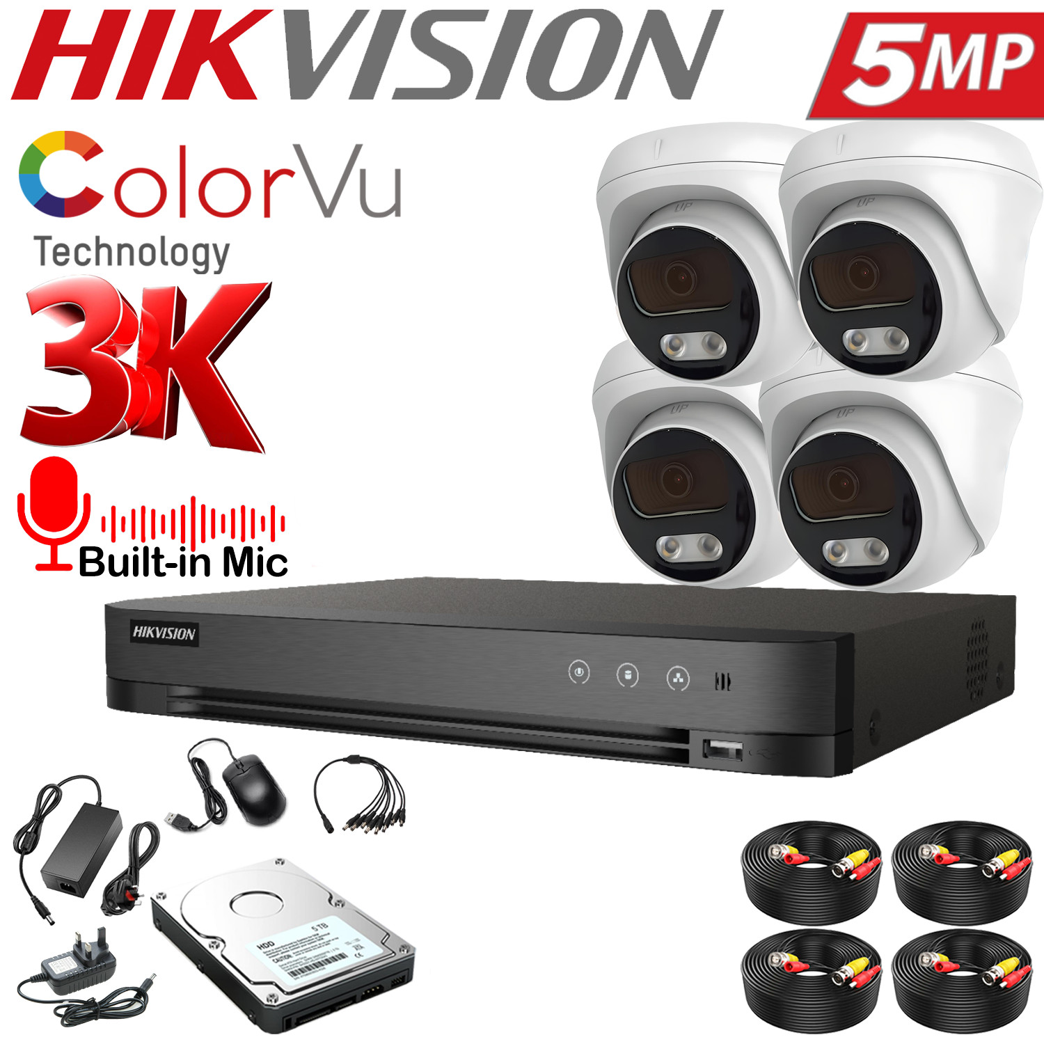 Hikvision CCTV Camera System 5MP 4CH 8CH DVR HDD Outdoor Home Security COLOR Kit