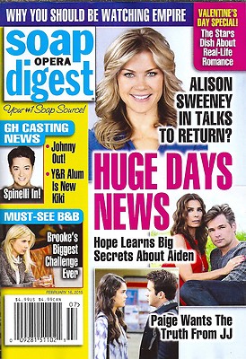 Soap Opera Digest Feb 16 2015 Alison Sweeney Nicolas Bechtel Brooklyn Rae Silzer